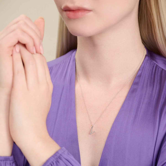 M by Monte Luna Lab-Grown Diamond Accent Initial V Pendant in Rhodium Plated Sterling Silver front view