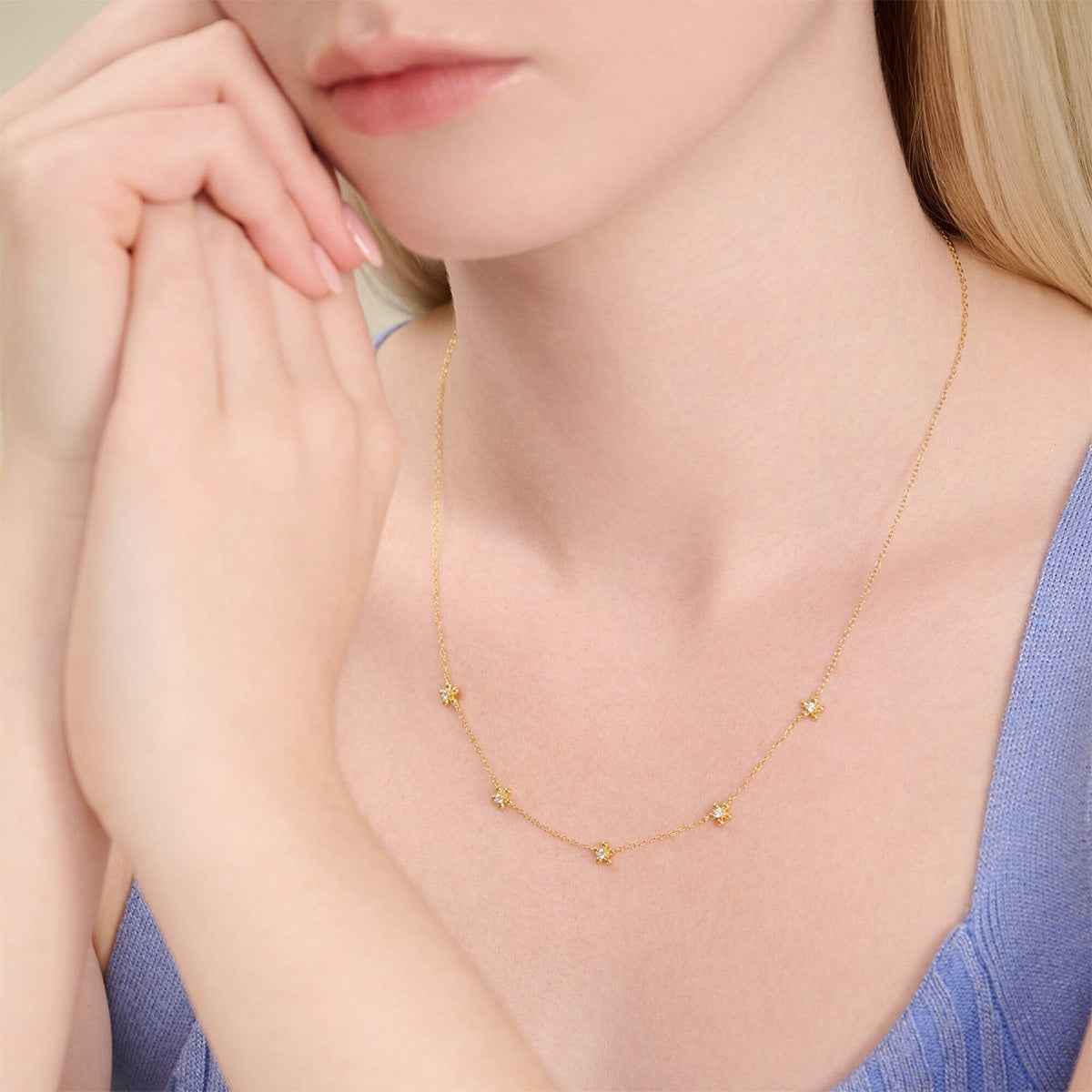M by Monte Luna 1/10 ct. tw. Lab-Grown Diamond Flower Station necklace in 14K Yellow Gold Plated Sterling Silver