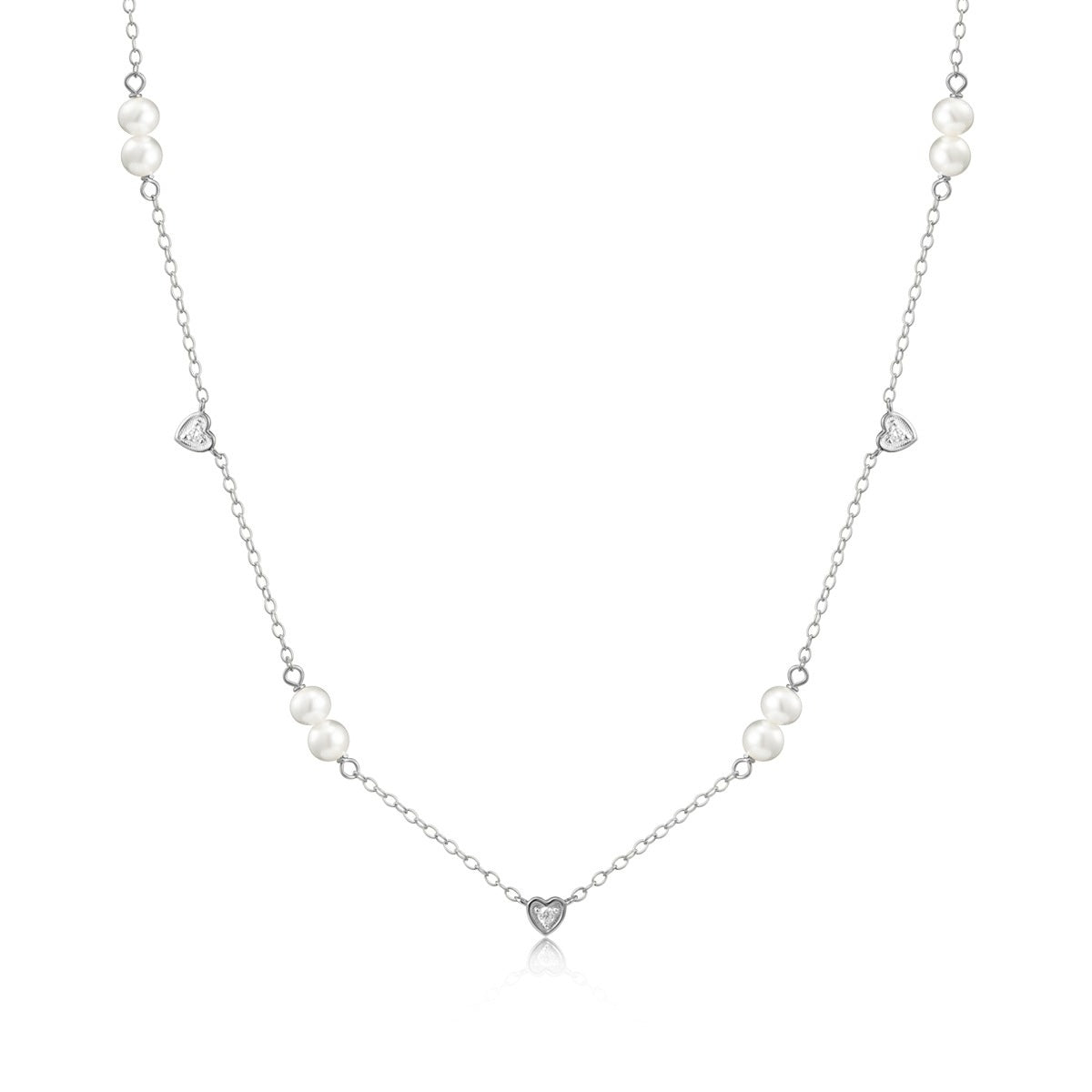 M by Monte Luna Lab-Grown Diamond Accent Heart & Genuine Pearl Necklace in Rhodium Plated Sterling Silver
