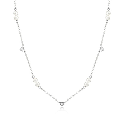 M by Monte Luna Lab-Grown Diamond Accent Heart & Genuine Pearl Necklace in Rhodium Plated Sterling Silver