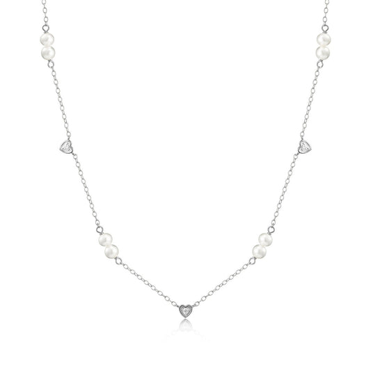 M by Monte Luna Lab-Grown Diamond Accent Heart & Genuine Pearl Necklace in Rhodium Plated Sterling Silver