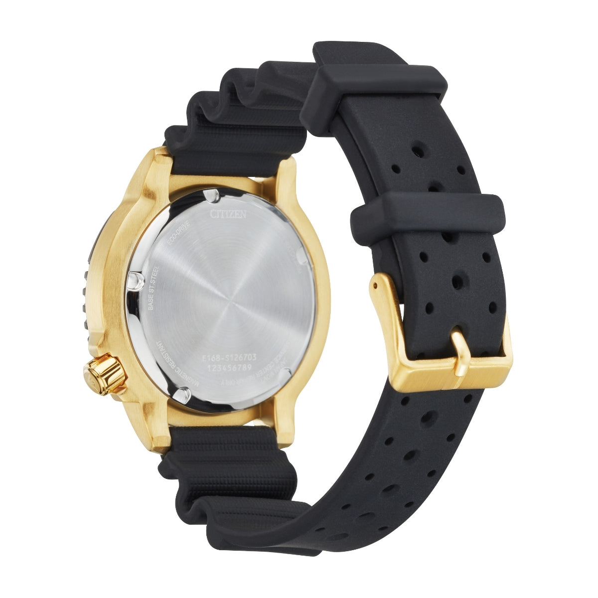 Citizen Men's Promaster Dive Gold-Tone Stainless Steel Watch with Black Dial & Black Polyurethane Strap front view