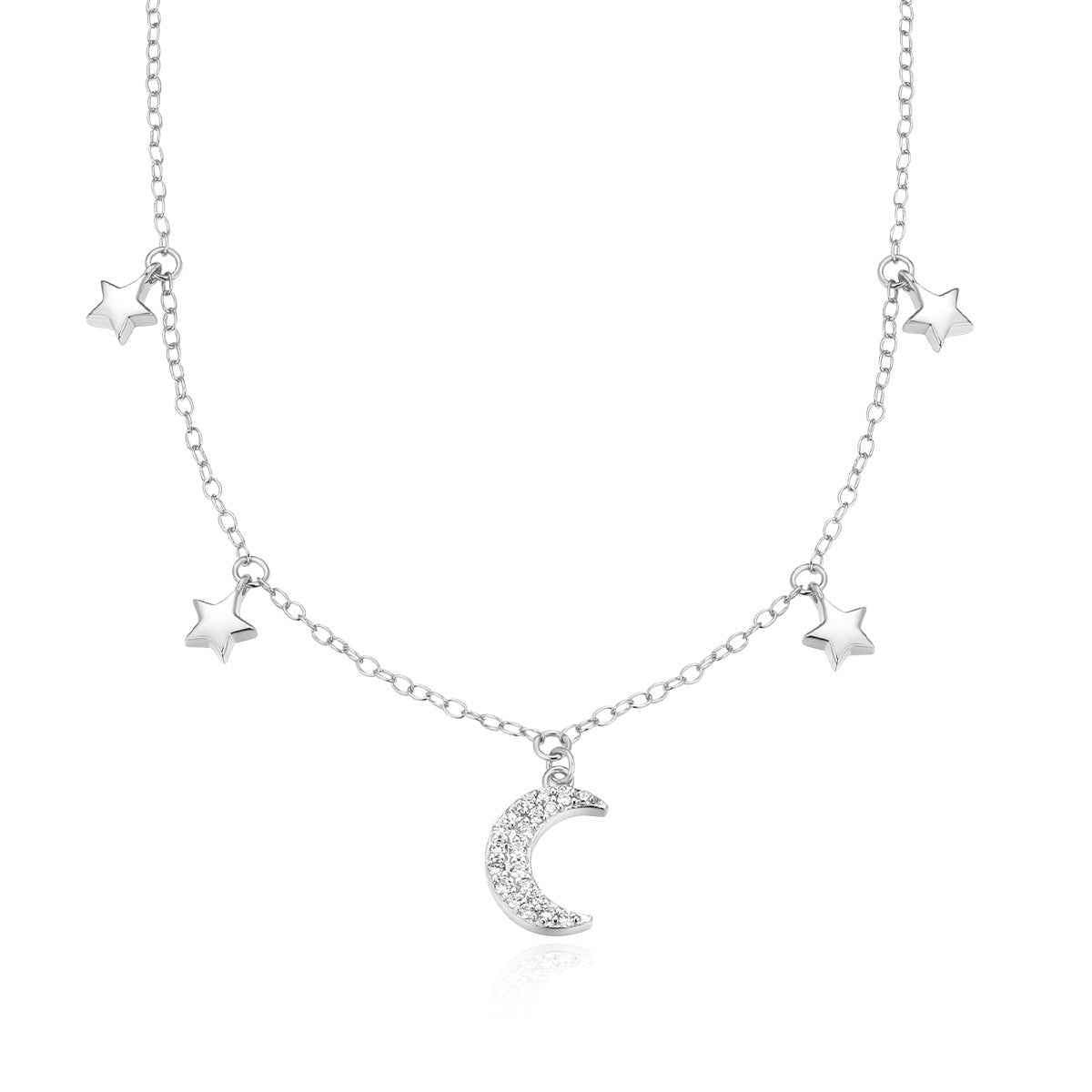 M by Monte Luna 1/10 ct. tw. Lab-Grown Diamond Dangling Moon & Starts Necklace in Rhodium Plated Sterling Silver