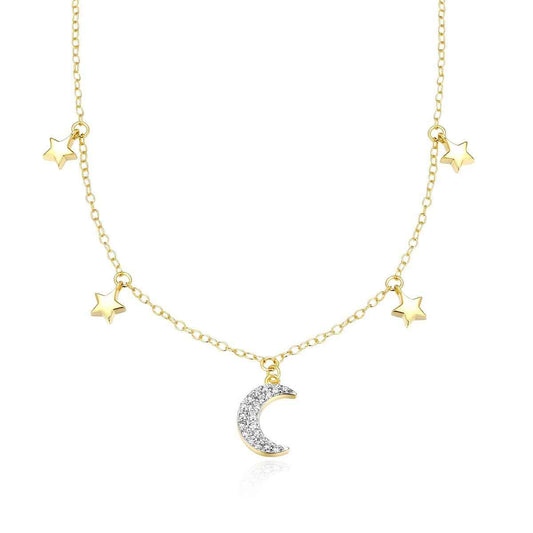 M by Monte Luna 1/10 ct. tw. Lab-Grown Diamond Dangling Moon & Starts Necklace in 14K Yellow Gold Plated Sterling Silver
