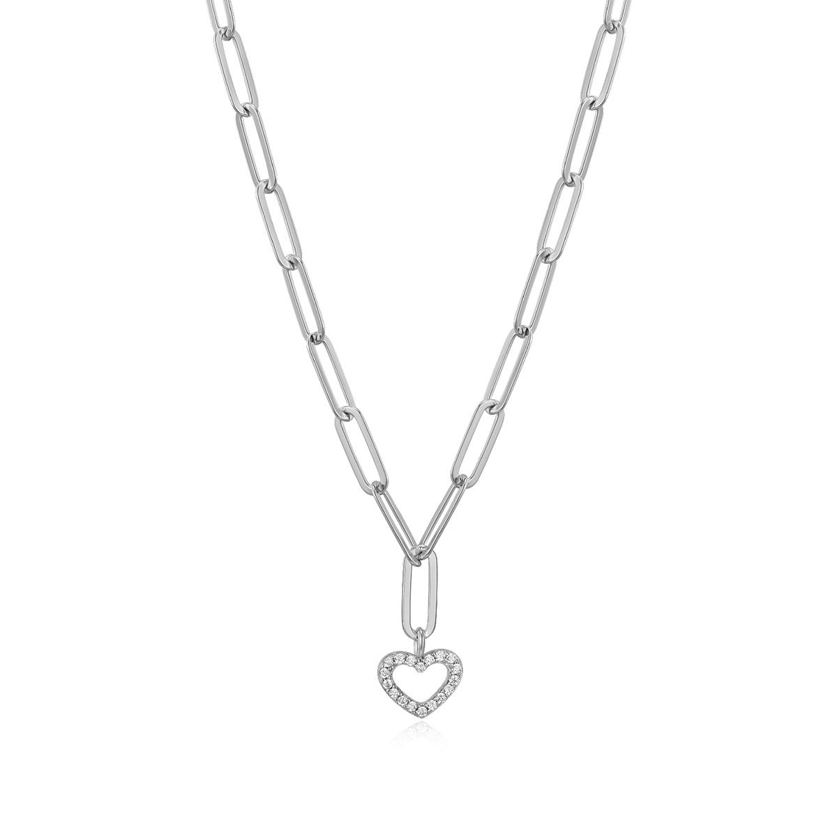 M by Monte Luna Lab-Grown Diamond Accent Open Heart Paperclip Necklace in Rhodium Plated Sterling Silver