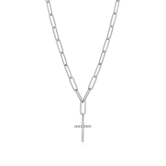 M by Monte Luna Lab-Grown Diamond Accent Cross Paperclip Necklace in Rhodium Plated Sterling Silver