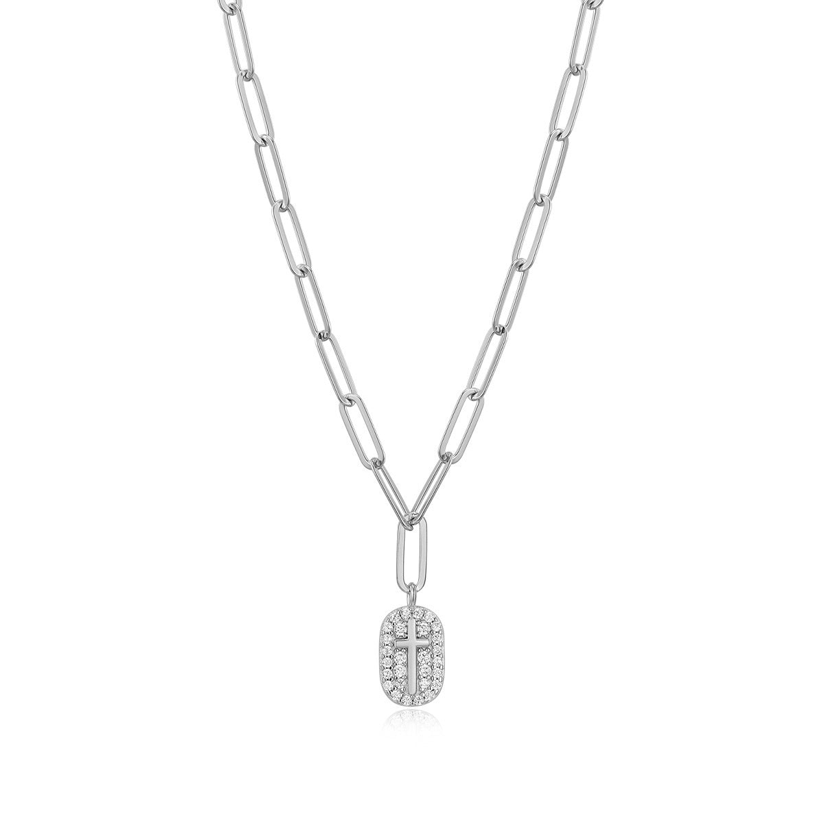 M by Monte Luna 1/6 ct. tw. Lab-Grown Diamond Cross Tag Paperclip Necklace in Rhodium Plated Sterling Silver