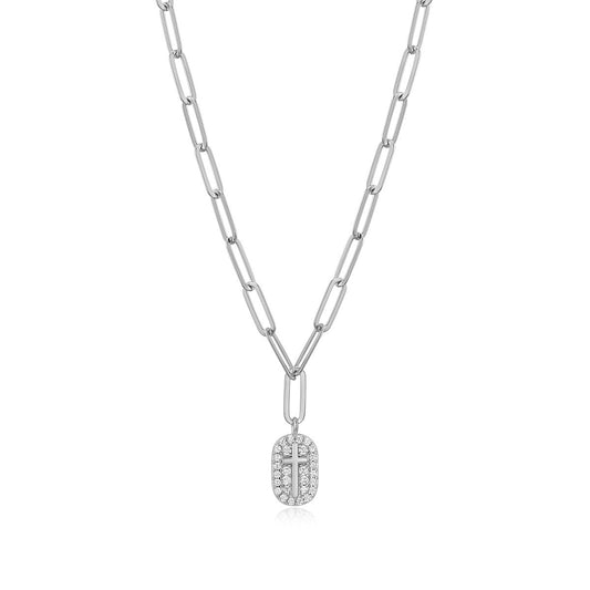 M by Monte Luna 1/6 ct. tw. Lab-Grown Diamond Cross Tag Paperclip Necklace in Rhodium Plated Sterling Silver