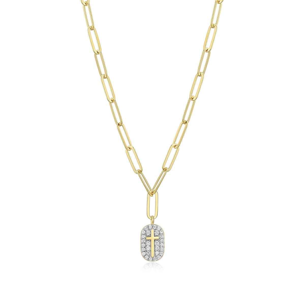 M by Monte Luna 1/6 ct. tw. Lab-Grown Diamond Cross Tag Paperclip Necklace in 14K Yellow Gold Plated Sterling Silver