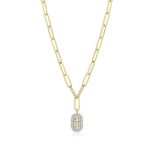 M by Monte Luna 1/6 ct. tw. Lab-Grown Diamond Cross Tag Paperclip Necklace in 14K Yellow Gold Plated Sterling Silver