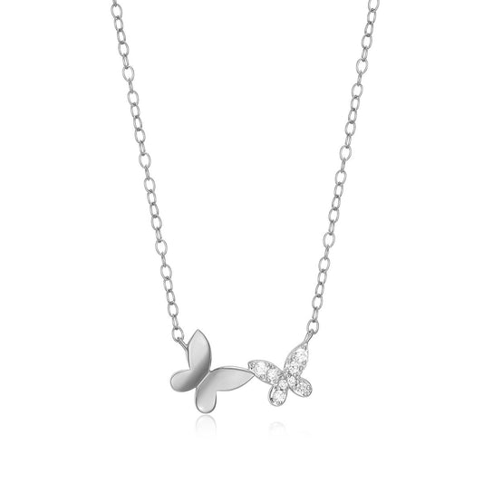 M by Monte Luna Lab-Grown Diamond Accent Double Butterfly Necklace in Rhodium Plated Sterling Silver