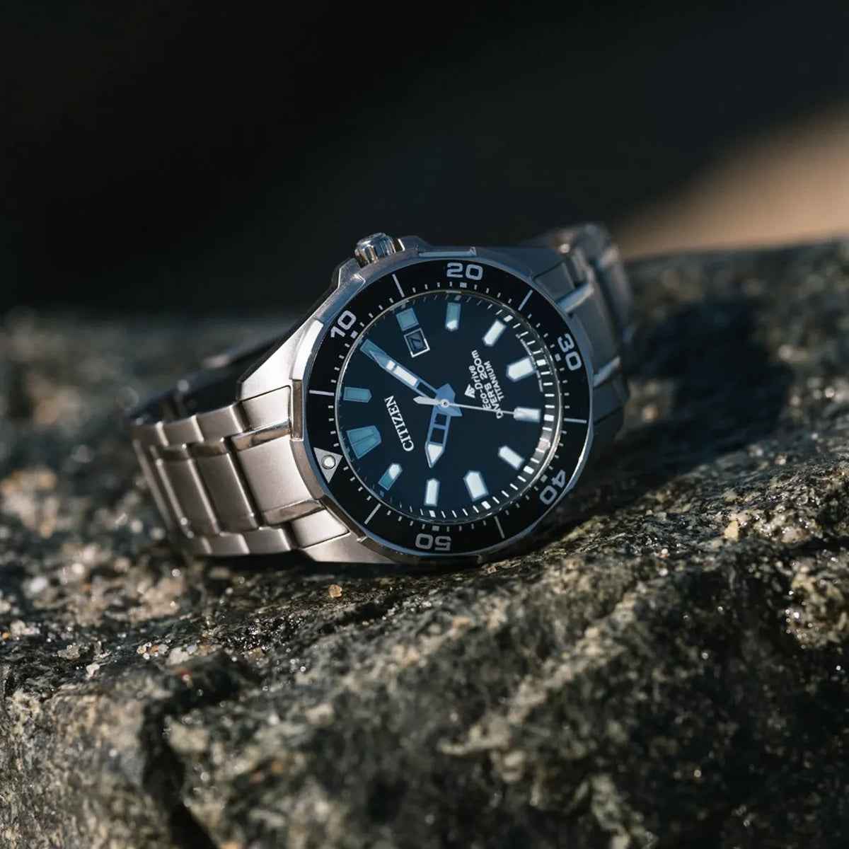 Citizen Men's Promaster Dive Eco-Drive Stainless Steel Watch with Black Dial close-up detail