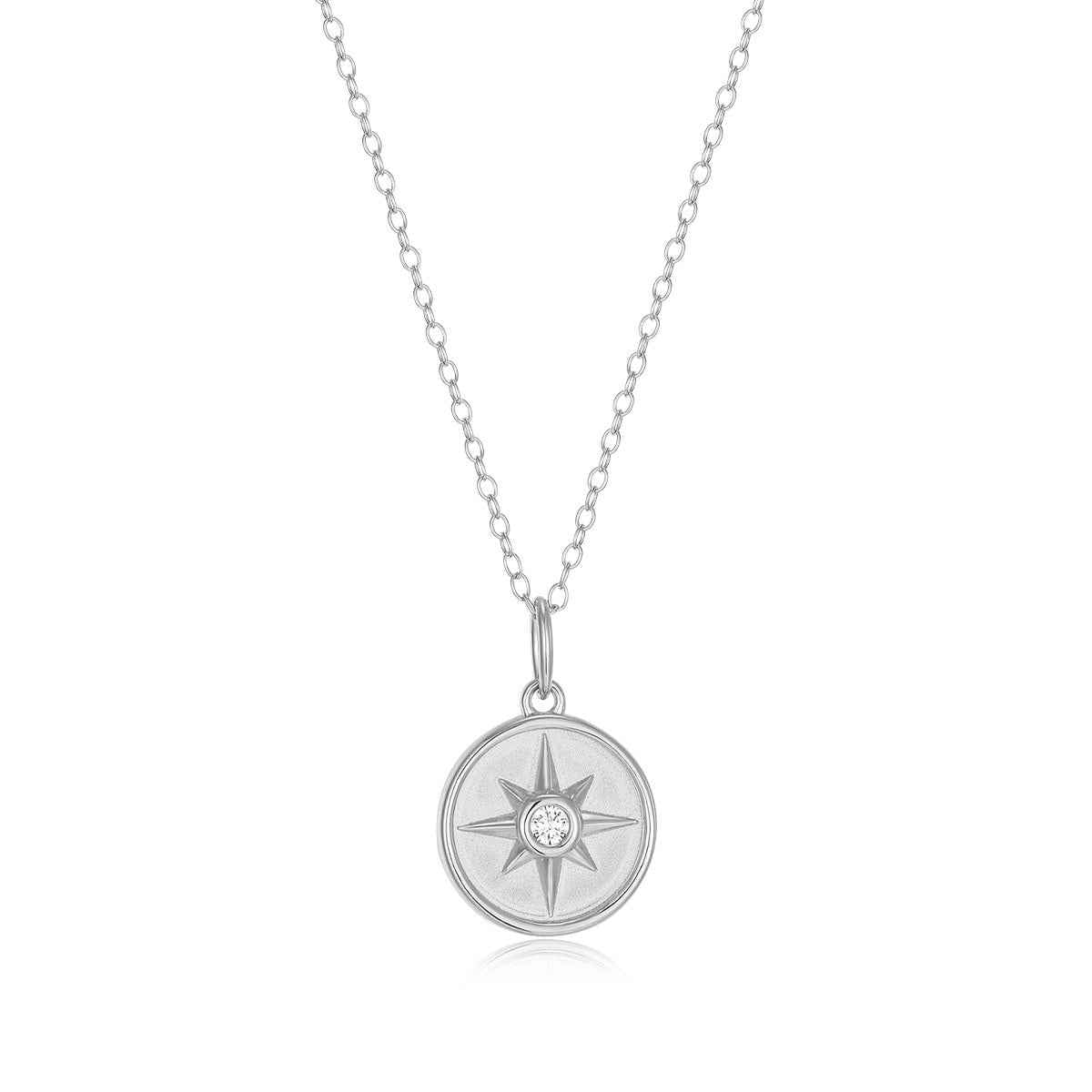 M by Monte Luna Lab-Grown Diamond Accent North Star Coin Pendant in Rhodium Plated Sterling Silver