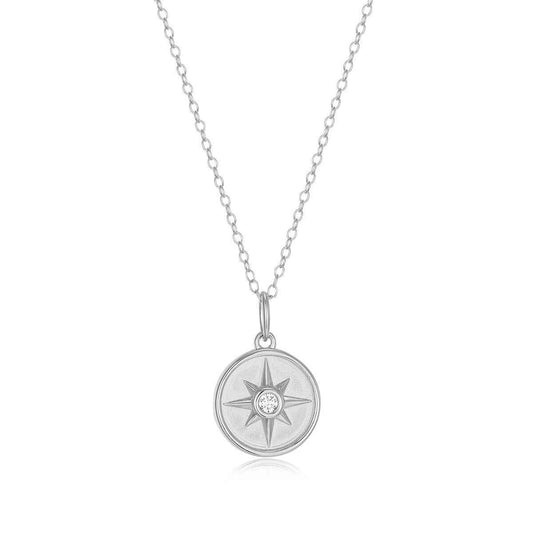 M by Monte Luna Lab-Grown Diamond Accent North Star Coin Pendant in Rhodium Plated Sterling Silver