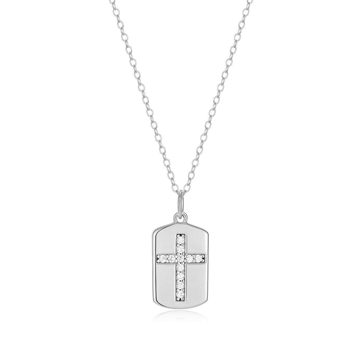 M by Monte Luna 1/8 ct. tw. Lab-Grown Diamond Cross Tag Pendant in Rhodium Plated Sterling Silver