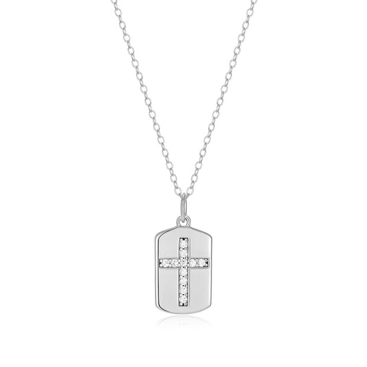 M by Monte Luna 1/8 ct. tw. Lab-Grown Diamond Cross Tag Pendant in Rhodium Plated Sterling Silver