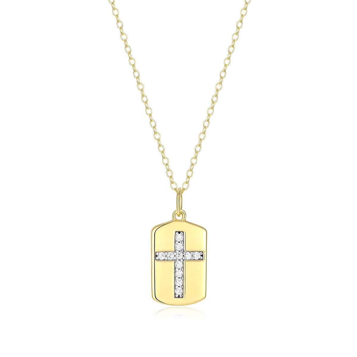 M by Monte Luna 1/8 ct. tw. Lab-Grown Diamond Cross Tag Pendant in 14K Yellow Gold Plated Sterling Silver