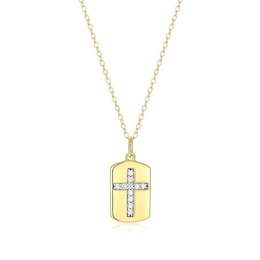 M by Monte Luna 1/8 ct. tw. Lab-Grown Diamond Cross Tag Pendant in 14K Yellow Gold Plated Sterling Silver