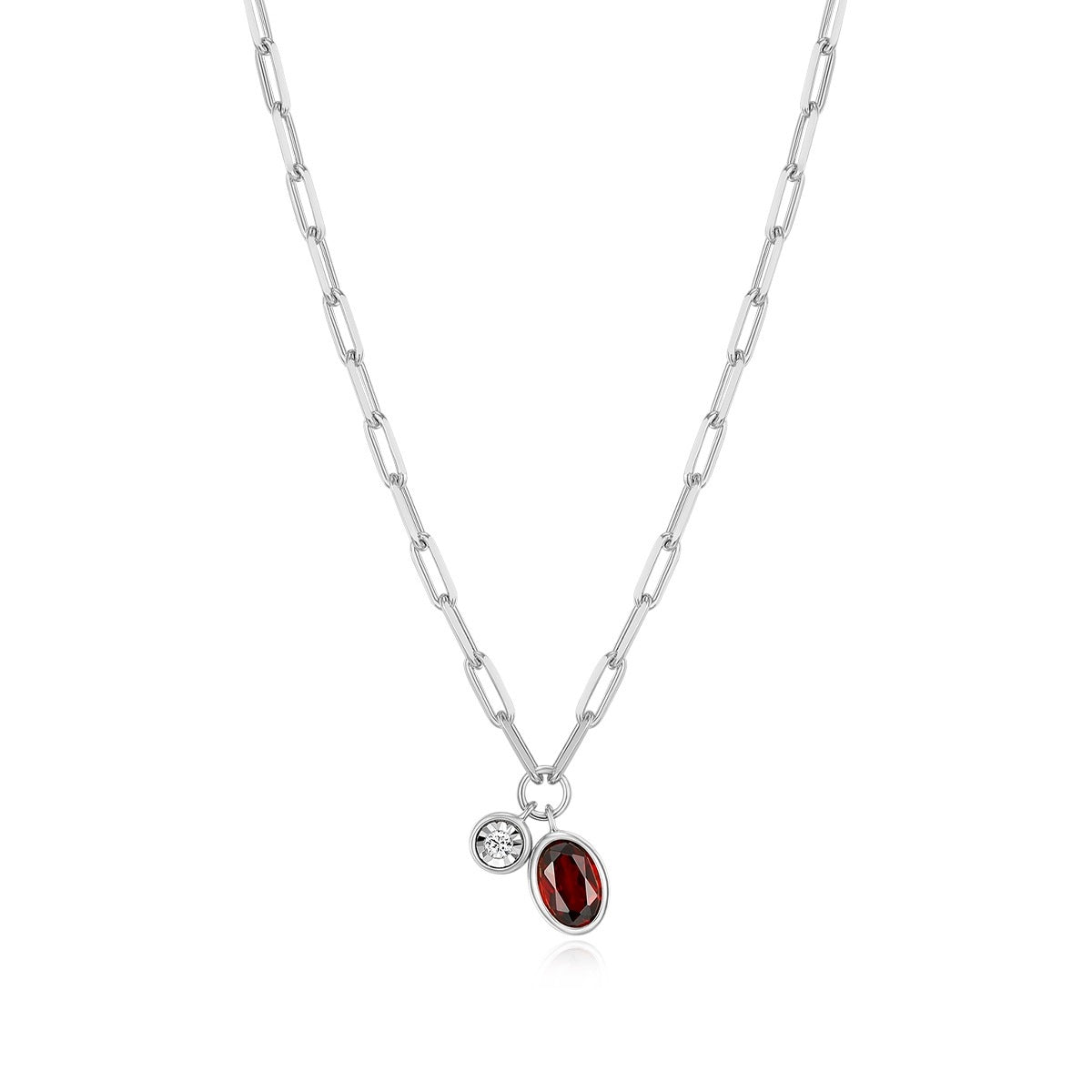 M by Monte Luna Oval Garnet & 1/5 ct. tw. Lab-Grown Diamond January Birthstone Necklace in Rhodium Plated Sterling Silver