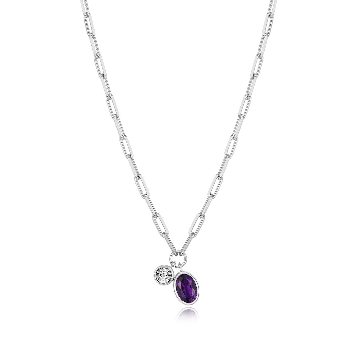 M by Monte Luna Oval Amethyst & 1/5 ct. tw. Lab-Grown Diamond February Birthstone Necklace in Rhodium Plated Sterling Silver