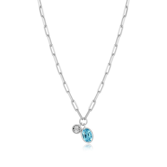 M by Monte Luna Oval Blue Topaz & 1/5 ct. tw. Lab-Grown Diamond December Birthstone Necklace in Rhodium Plated Sterling Silver