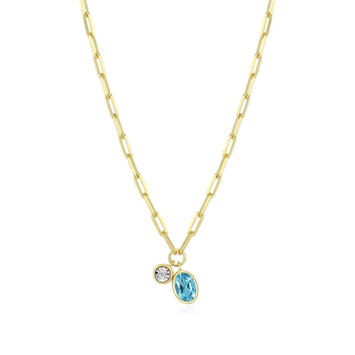 M by Monte Luna Oval Blue Topaz & 1/5 ct. tw. Lab-Grown Diamond December Birthstone Necklace in 14K Yellow Gold Plated Sterling Silver