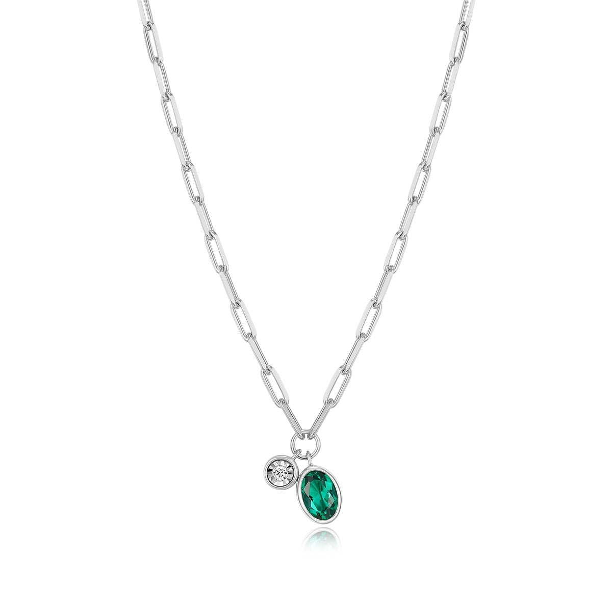 M by Monte Luna Created Oval Emerald & 1/5 ct. tw. Lab-Grown Diamond May Birthstone Necklace in Rhodium Plated Sterling Silver