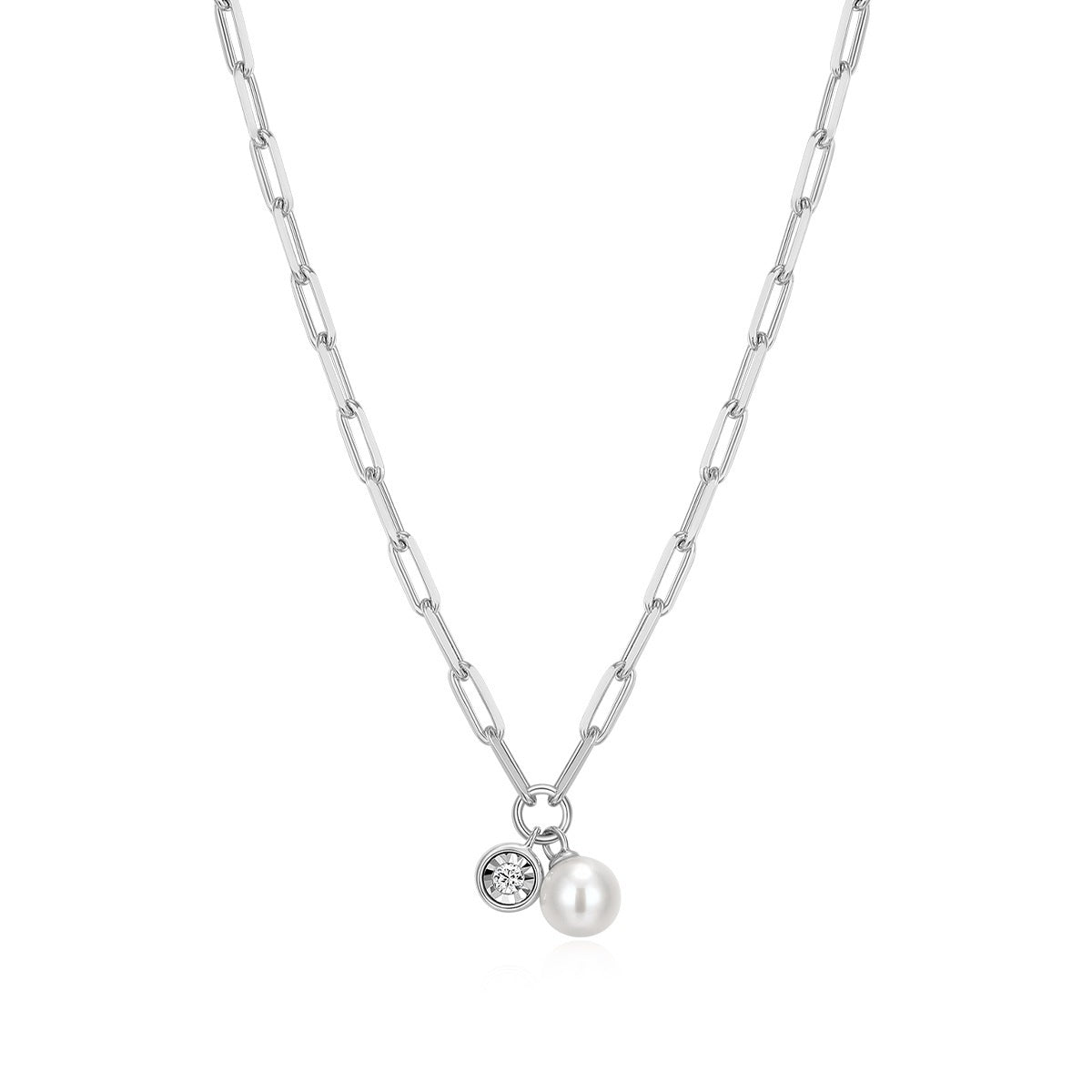 M by Monte Luna Genuine Pearl & 1/5 ct. tw. Lab-Grown Diamond June Birthstone Necklace in Rhodium Plated Sterling Silver