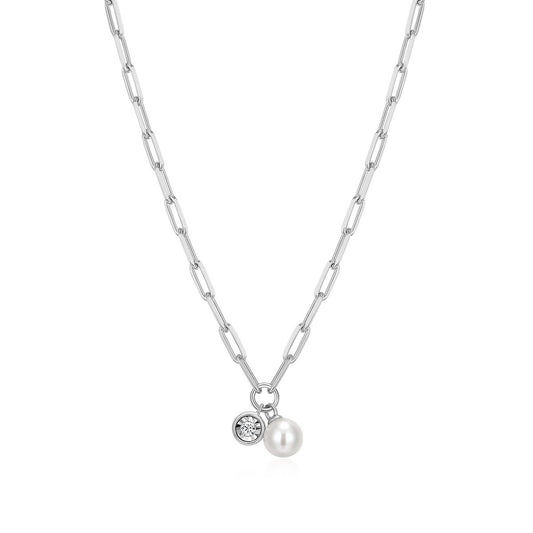 M by Monte Luna Genuine Pearl & 1/5 ct. tw. Lab-Grown Diamond June Birthstone Necklace in Rhodium Plated Sterling Silver
