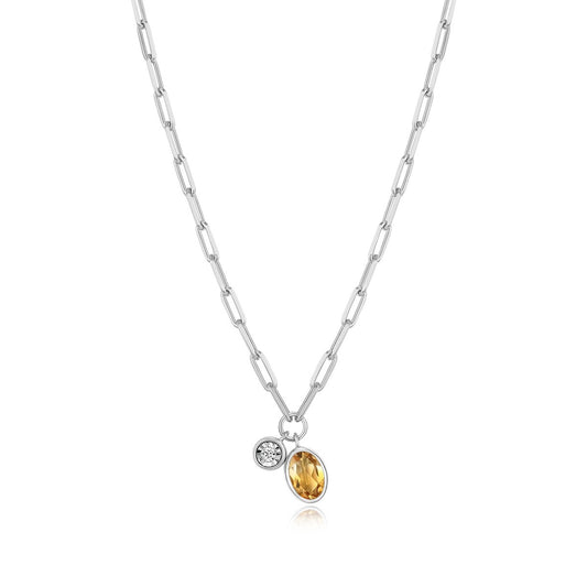 M by Monte Luna Oval Citrine & 1/5 ct. tw. Lab-Grown Diamond November Birthstone Necklace in Rhodium Plated Sterling Silver