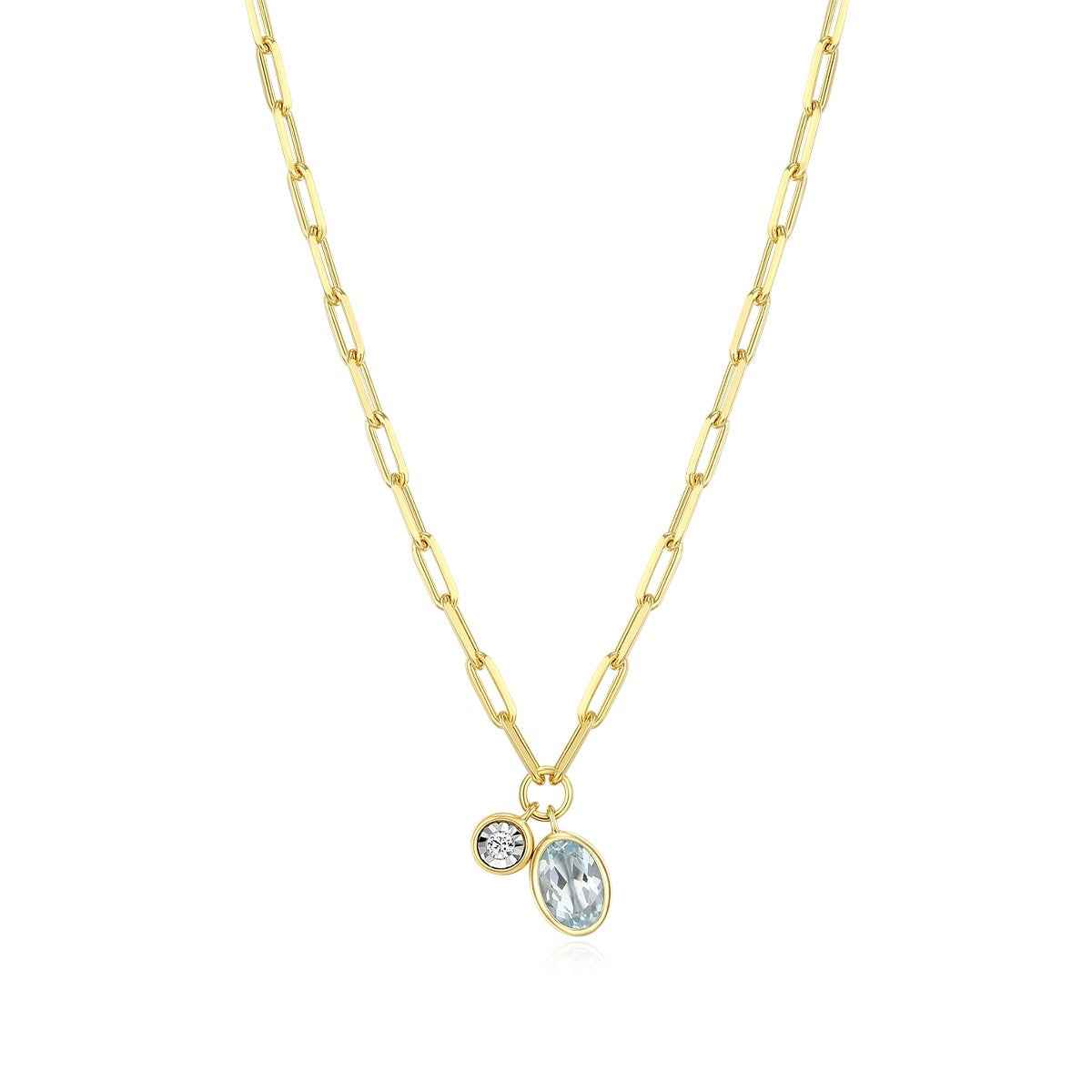 M by Monte Luna Oval Aquamarine & 1/5 ct. tw. Lab-Grown Diamond March Birthstone Necklace in 14K Yellow Gold Plated Sterling Silver