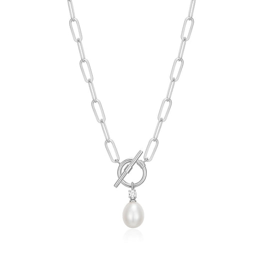 M by Monte Luna Genuine Pearl & Lab-Grown Diamond Accent Toggle Necklace in Rhodium Plated Sterling Silver