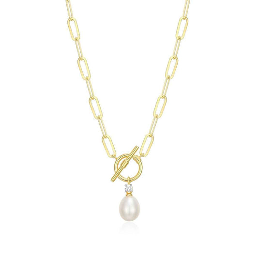 M by Monte Luna Genuine Pearl & Lab-Grown Diamond Accent Toggle Necklace in Rhodium Plated Sterling Silver