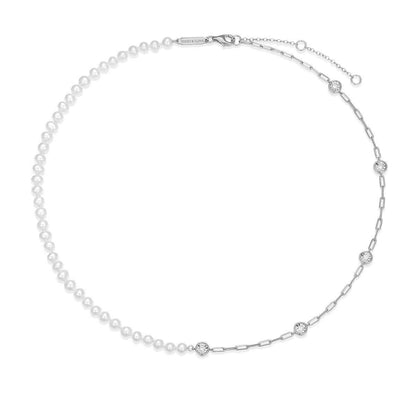 M by Monte Luna Genuine Pearl & 1/6 ct. tw. Lab-Grown Diamond Station Split Necklace in Rhodium Plated Sterling Silver