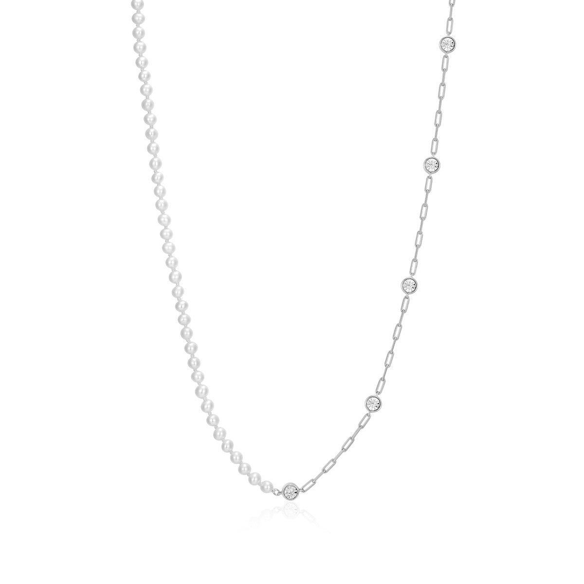 M by Monte Luna Genuine Pearl & 1/6 ct. tw. Lab-Grown Diamond Station Split Necklace in Rhodium Plated Sterling Silver