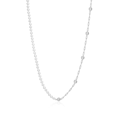M by Monte Luna Genuine Pearl & 1/6 ct. tw. Lab-Grown Diamond Station Split Necklace in Rhodium Plated Sterling Silver