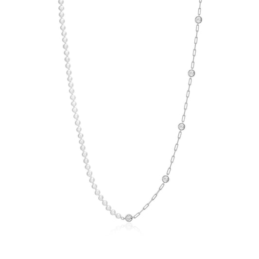 M by Monte Luna Genuine Pearl & 1/6 ct. tw. Lab-Grown Diamond Station Split Necklace in Rhodium Plated Sterling Silver
