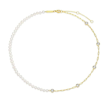 M by Monte Luna Genuine Pearl & 1/6 ct. tw. Lab-Grown Diamond Station Split Necklace in 14K Yellow Gold Plated Sterling Silver