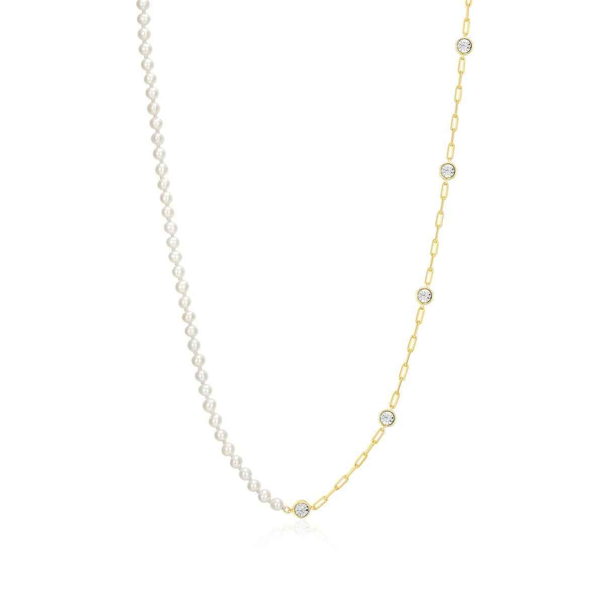 M by Monte Luna Genuine Pearl & 1/6 ct. tw. Lab-Grown Diamond Station Split Necklace in 14K Yellow Gold Plated Sterling Silver
