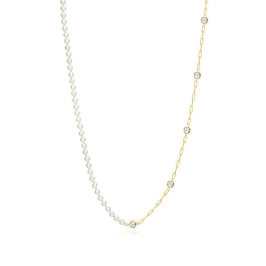 M by Monte Luna Genuine Pearl & 1/6 ct. tw. Lab-Grown Diamond Station Split Necklace in 14K Yellow Gold Plated Sterling Silver