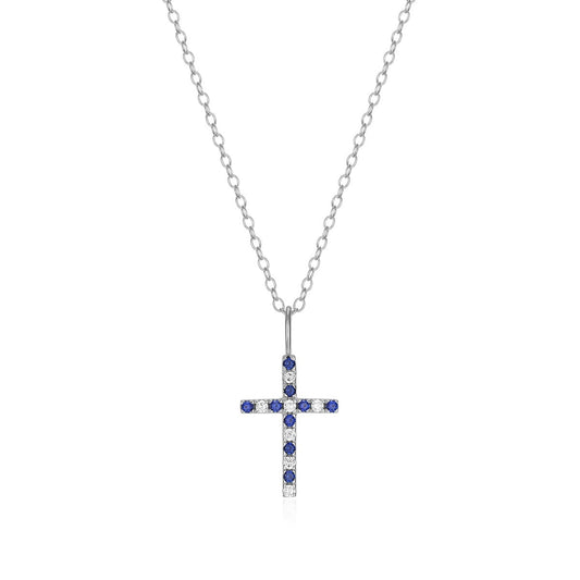 M by Monte Luna Created Sapphire & Lab-Grown Diamond Accent Cross Pendant in Rhodium Plated Sterling Silver