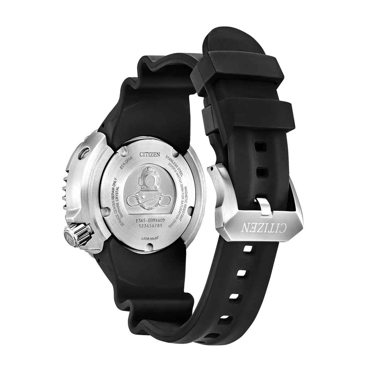 Citizen Men's Promaster Dive E365 Eco-Drive Stainless Steel Watch with Red Dial & Black Benebiol Strap front view