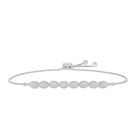 Created Oval White Sapphire Halo Bolo Bracelet in Sterling Silver