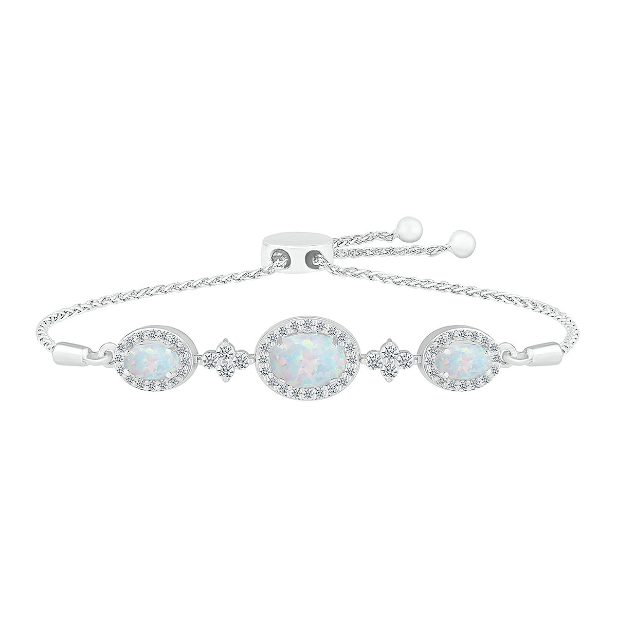 Created Oval Opal & Created White Sapphire 3-Stone Halo Bolo Bracelet in Sterling Silver