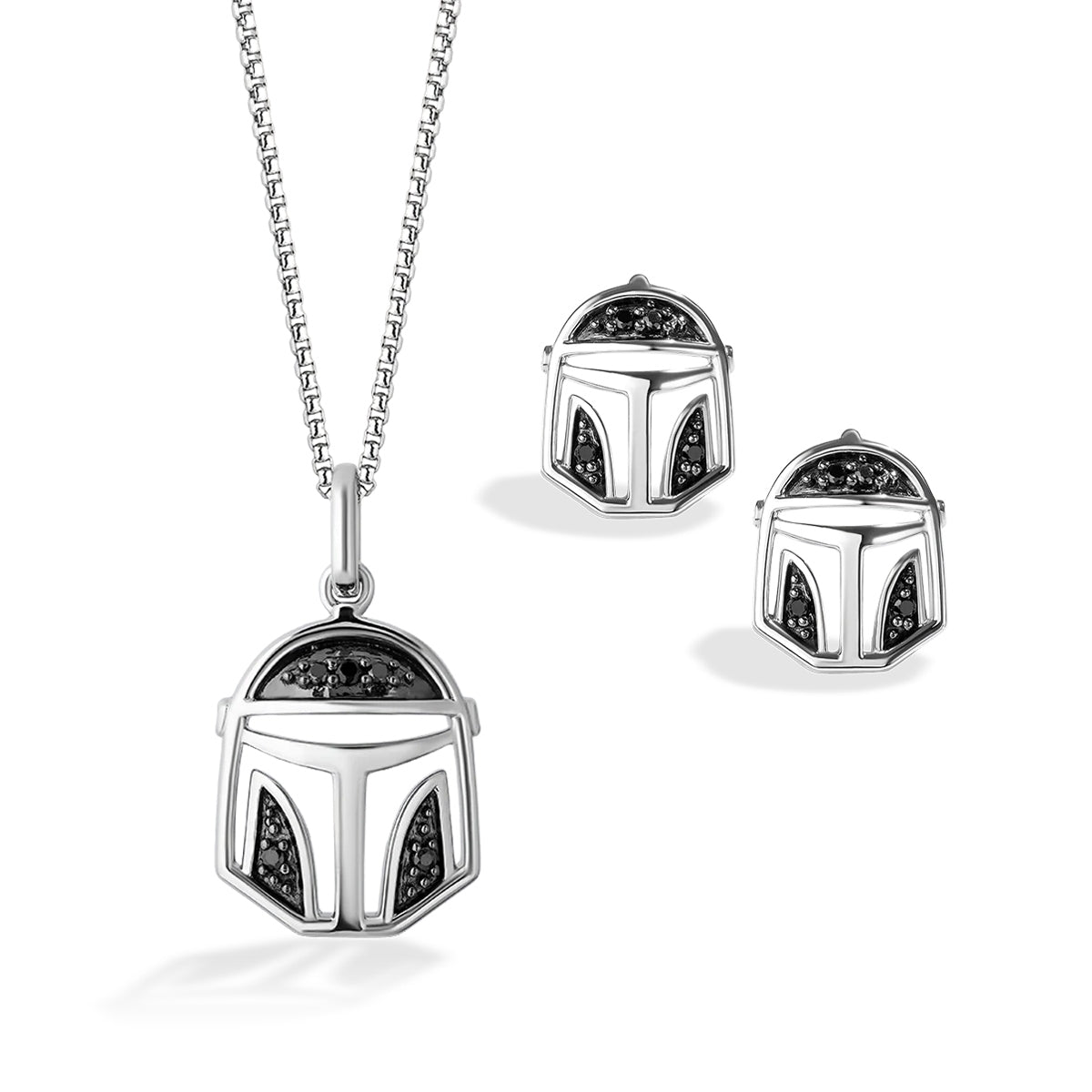 Star Wars The Mandalorian 1/10 ct. tw. Treated Black Diamond Helmet Pendant & Earrings Set with Black Rhodium Plating in