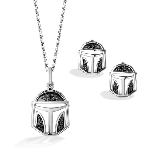 Star Wars The Mandalorian 1/10 ct. tw. Treated Black Diamond Helmet Pendant & Earrings Set with Black Rhodium Plating in