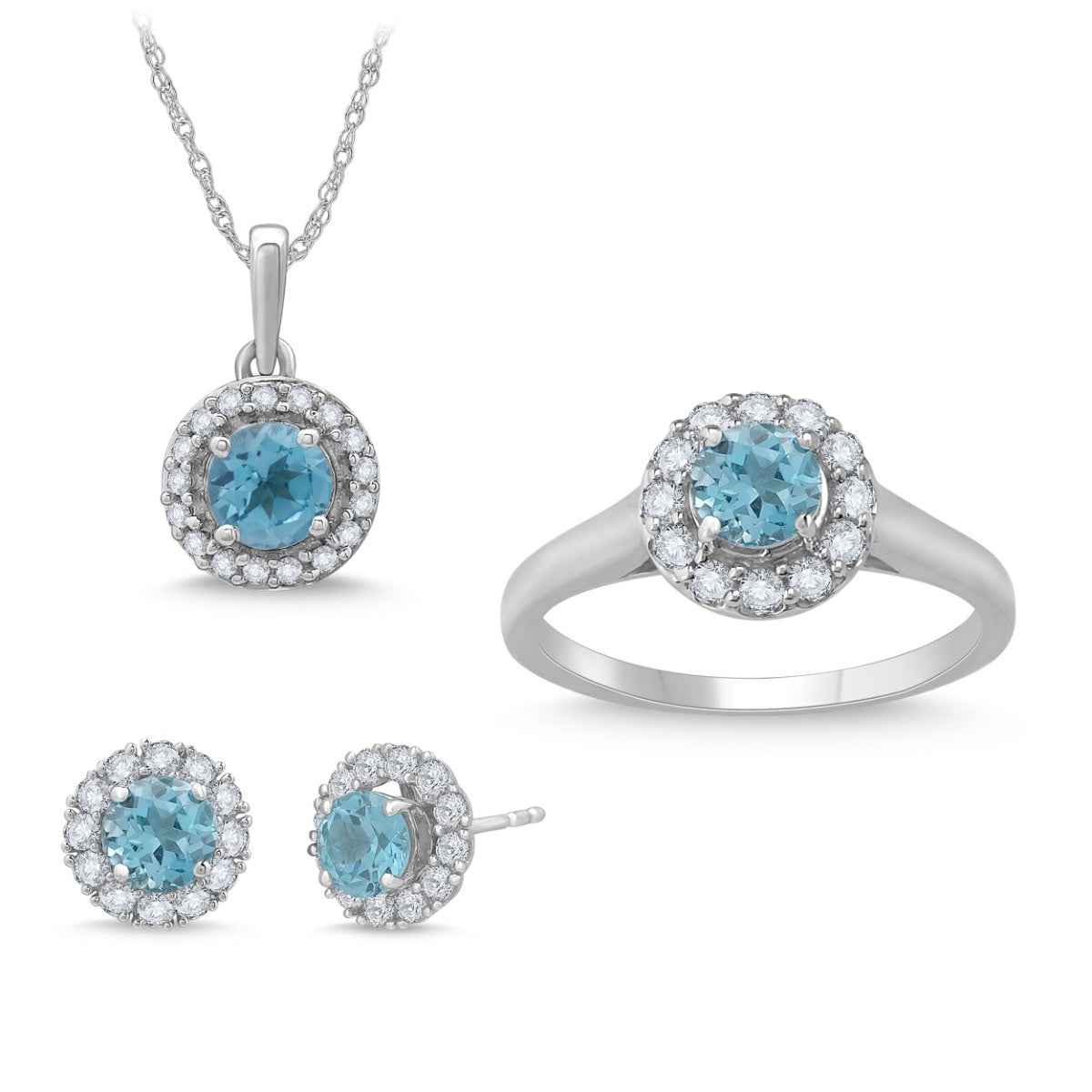 Swiss Blue Topaz & Created White Sapphire Pendant, Earrings, & Ring Box Set in Sterling Silver