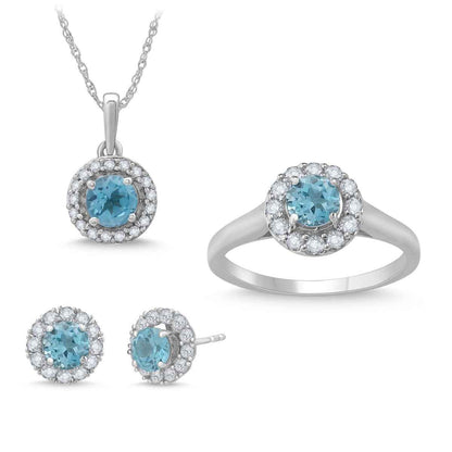 Swiss Blue Topaz & Created White Sapphire Pendant, Earrings, & Ring Box Set in Sterling Silver