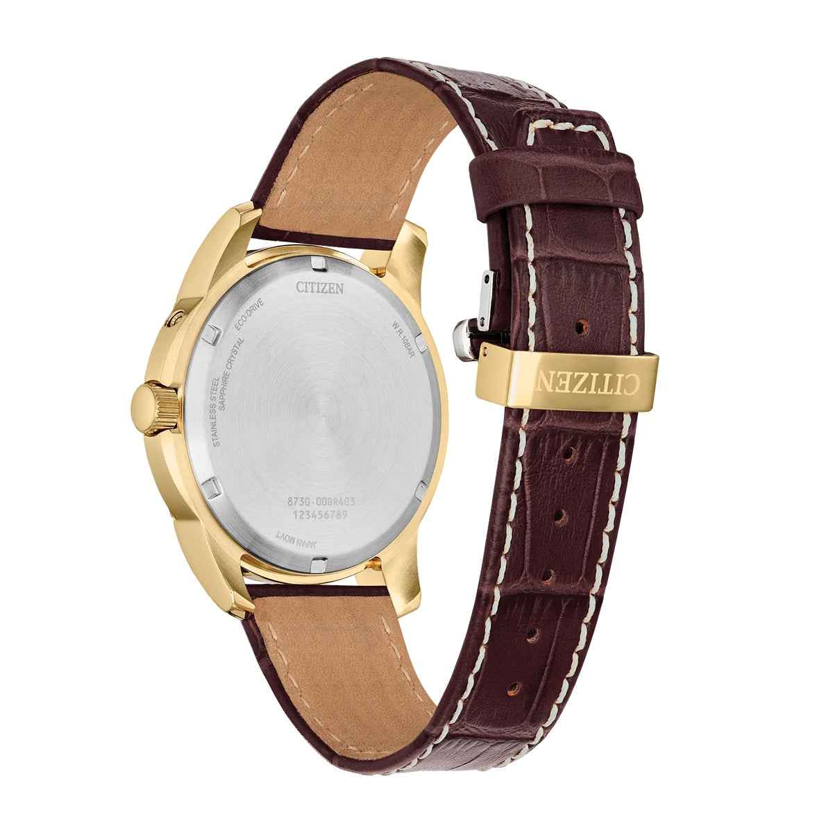 Citizen Men's Calendrier Eco-Drive Gold-Tone Stainless Steel Watch with Champagne Dial & Brown Leather Strap front view