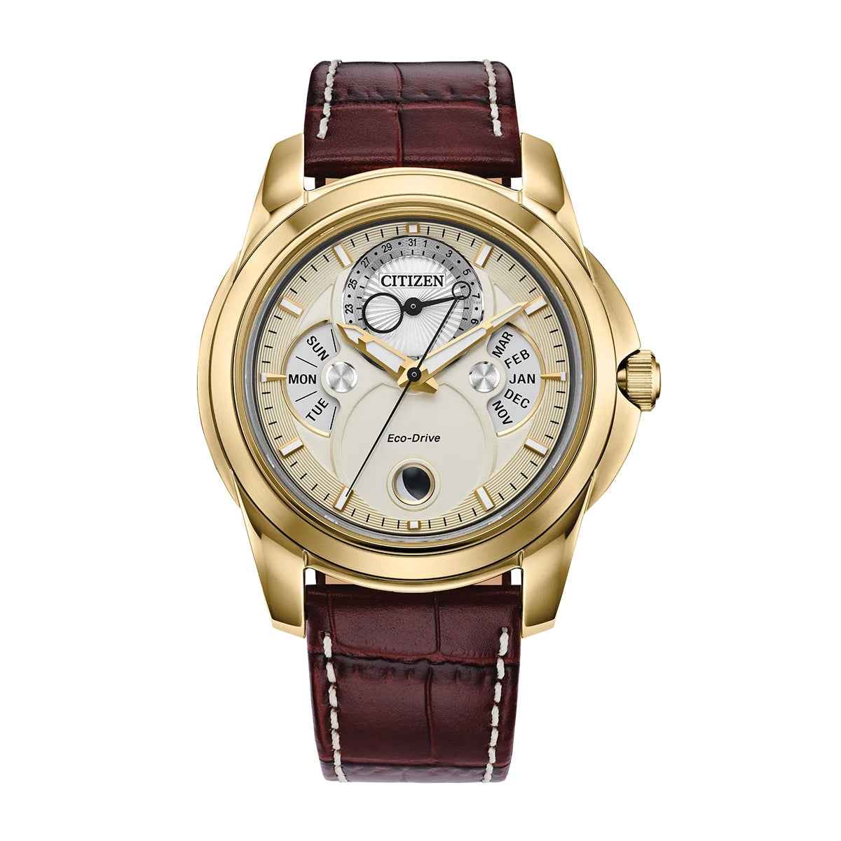 Citizen Men's Calendrier Eco-Drive Gold-Tone Stainless Steel Watch with Champagne Dial & Brown Leather Strap